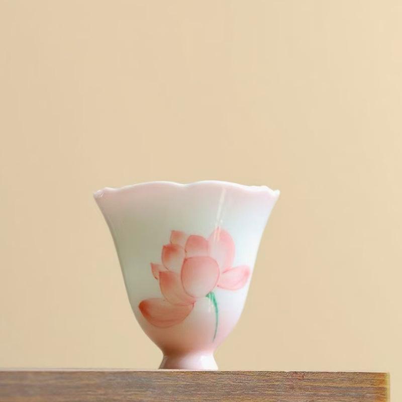 Pink Hand Painted Lotus Ceramic High Stem Tea Cup with Flared Rim Zen Design for Gongfu Tea Ceremony Floral Sipping Cup