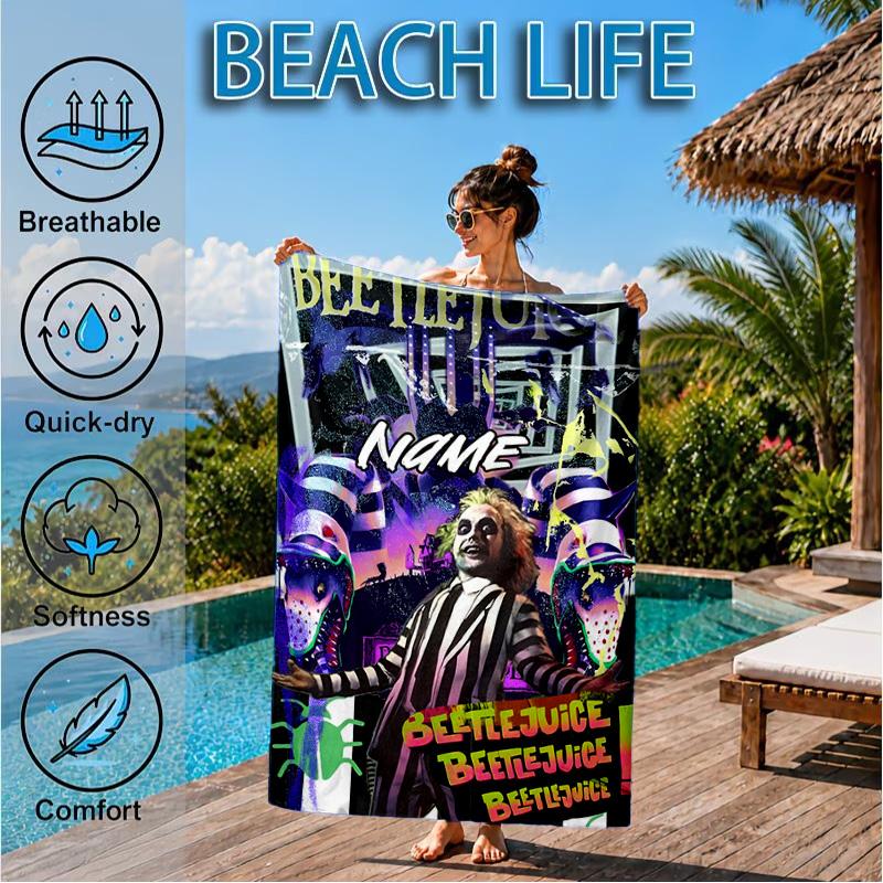 Custom Name Beetlejuice Horror Beach Towel Microfiber Beach Towel, Lightweight and Quick-Dry, for Summer Travel, Swimming Pool Gift