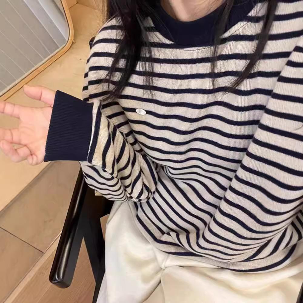 Retro gestreifter Rundhals Strickpullover für Damen Herbst und Winter neuer lässiger lockerer Strickpullover für Damen