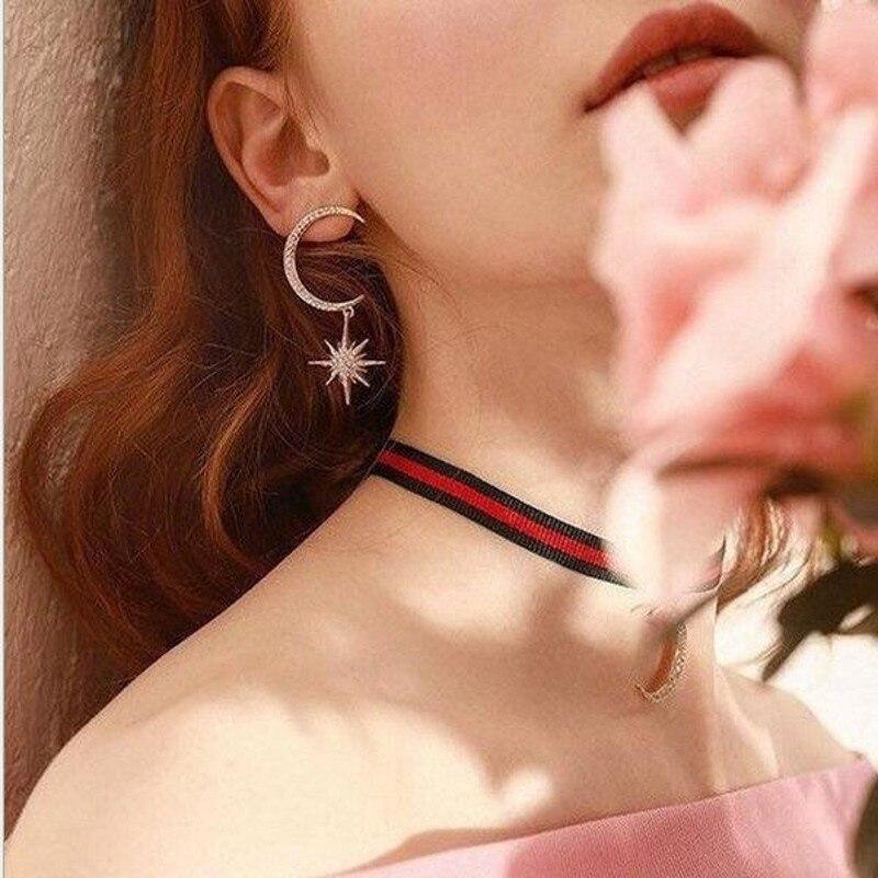 Noua sosire Bijuterii de modă 925 argint și aur roz umplut Pave alb clar AAA zirconiu cubic cercel cu stea lunii cercel suspendat pentru femei