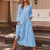 Abito Lungo Donna Cotone e Lino Stile Vintage Casual Scollo a V Manica Lunga Ampio Maxi Abiti Abbigliamento Elegante da Donna