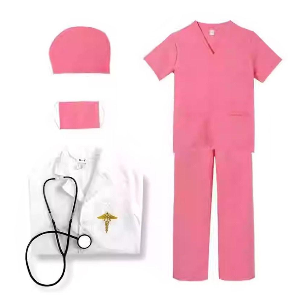 7PCS V Neck Surgical Children Doctor Costume Set Doctor Nurse Cosplay with Stethoscope Scrubs Surgical Suit Role Play Costume