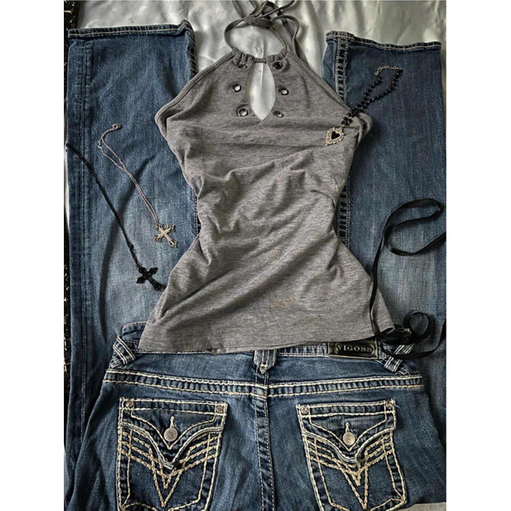 Colete Regata Vintage Cinza para Mulheres - Estilo Verão Thrift Top de Garota Confiante