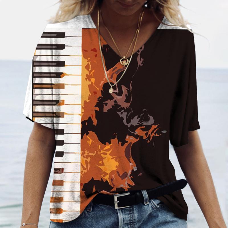 Women' T-shirt Piano 3d Print Everyday Casual Wear Oversized-shirt Funny Short Sleeve T-shirt V-neck Clothing Fitness Sweatshirt