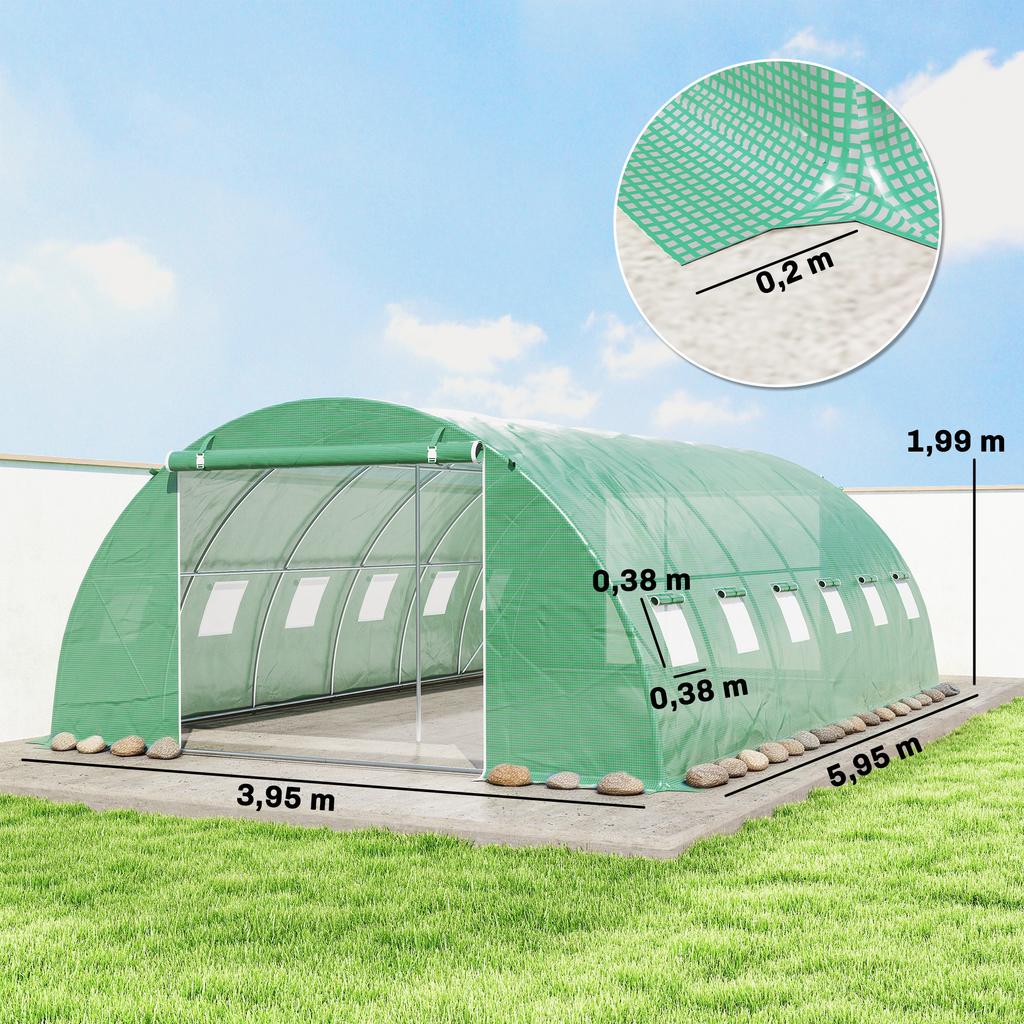 Garden Tunnel Greenhouse Vegetable Greenhouse Galvanized Steel diameter 25mm and Reinforced Structure 395x595x199cm Green