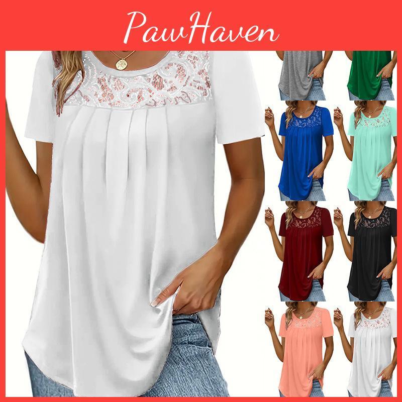 Women Color Fashion Solid Summer Tshirts Lace Decor Uneck Short Sleeve Loose Pullovers Top
