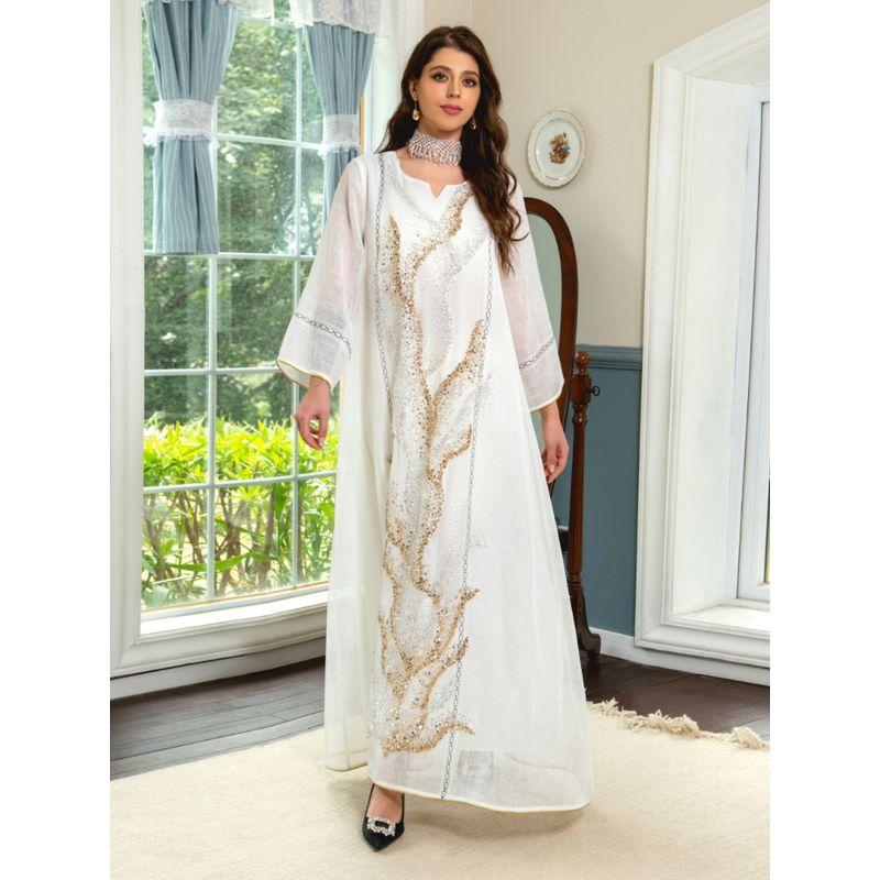 Dubai Arabic Turkish White Mesh Sequin Embroider Gown Dress Saudi Elegant Robe Dress