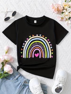 Summer Baby Girl Black Casual T-shirt Kid Girls Heart Rainbow Print Crew Neck Short Sleeve Top Fashion Children's Clothing