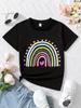 Summer Baby Girl Black Casual T-shirt Kid Girls Heart Rainbow Print Crew Neck Short Sleeve Top Fashion Children's Clothing