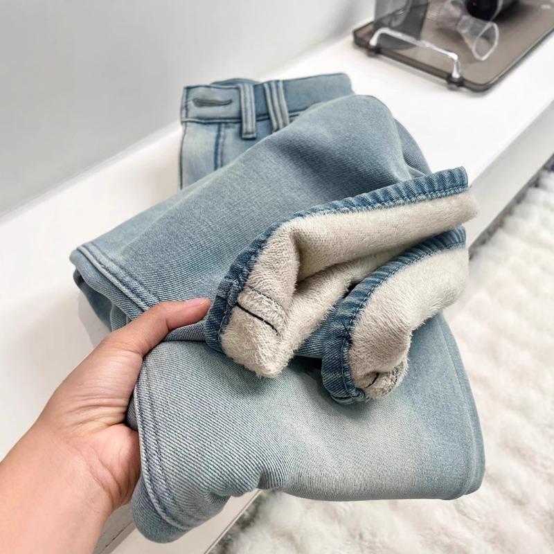 Fleece Thickened Straight Jeans for Women, New Loose and Thin Wide-leg Pants In Autumn and Winter