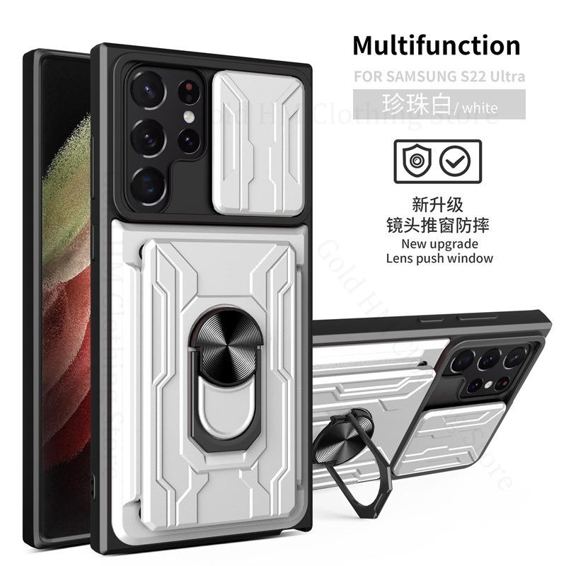 Schiebekamera-Schiebefenster-Kartensteckplatz-Ständerringhülle für Samsung Galaxy S25 S24 Ultra S23 S22 S21 S20 Plus, magnetische Hochleistungsschutzhalterung