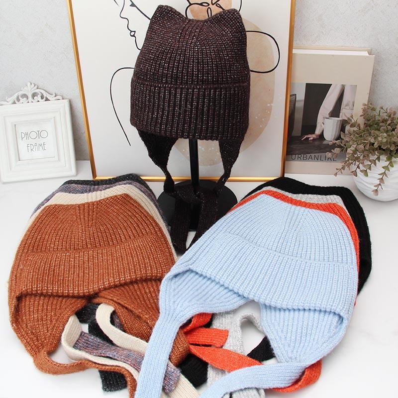 Cute cat ear knitted ear protection hat women's autumn and winter lace-up wool hat soft waxy warm cold hat versatile headhat