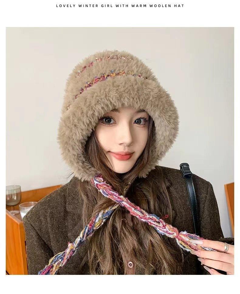 Knitted Wool Hat for Women, New Warm Stripes In Autumn and Winter, Color Matching, Ear Protection, Bag Head Hat To Show the Face, Little Lei Feng Hat