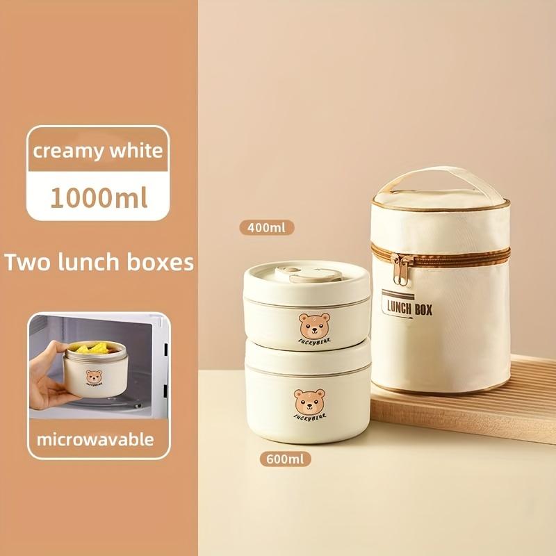 Cute Bear Pattern Stainless Steel Insulated Lunch Box, microwave-safe, multi-layer sealed portable bento box for students and office workers.