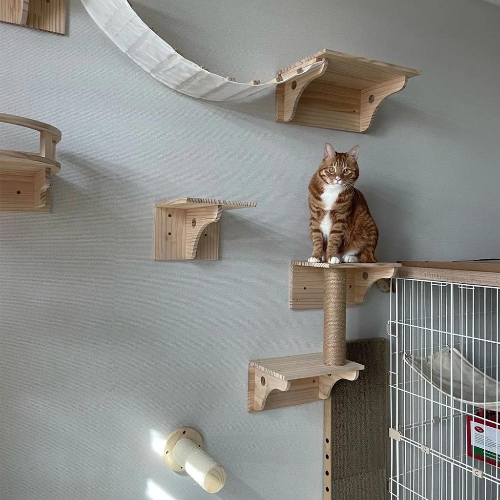 Wall Mounted Wooden Cat Shelves Jumping Furniture Cat Climbing Tree Scratching Post Hammock Stairs Playing Climbing Frame