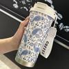 530ml Blue Paisley Floral 316 Stainless Steel Coffee Tumbler, Dual Sip Vacuum Insulated Travel Cup with Carry Lanyard