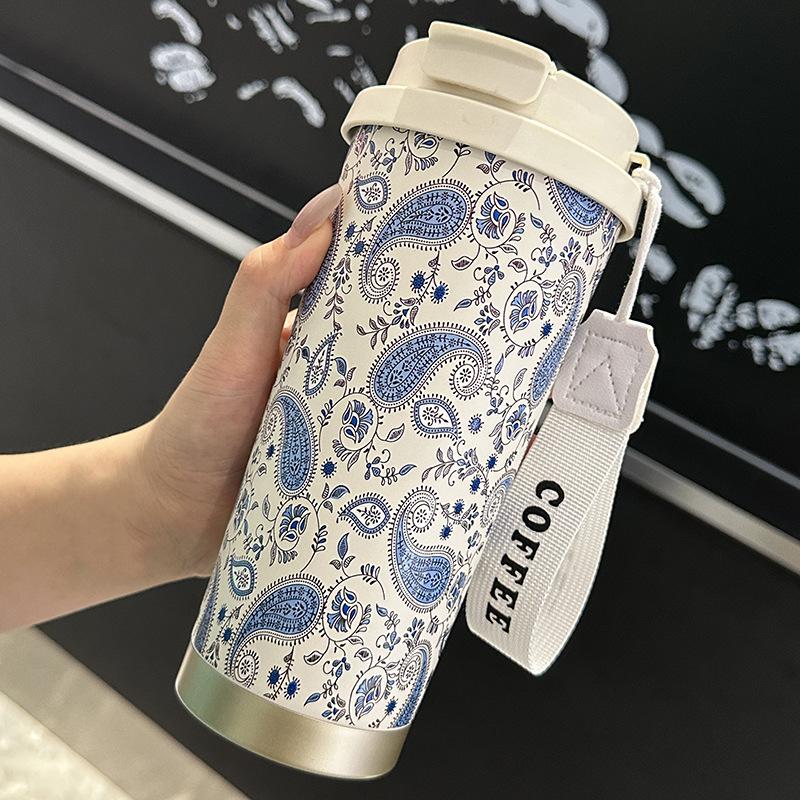 530ml Blue Paisley Floral 316 Stainless Steel Coffee Tumbler, Dual Sip Vacuum Insulated Travel Cup with Carry Lanyard