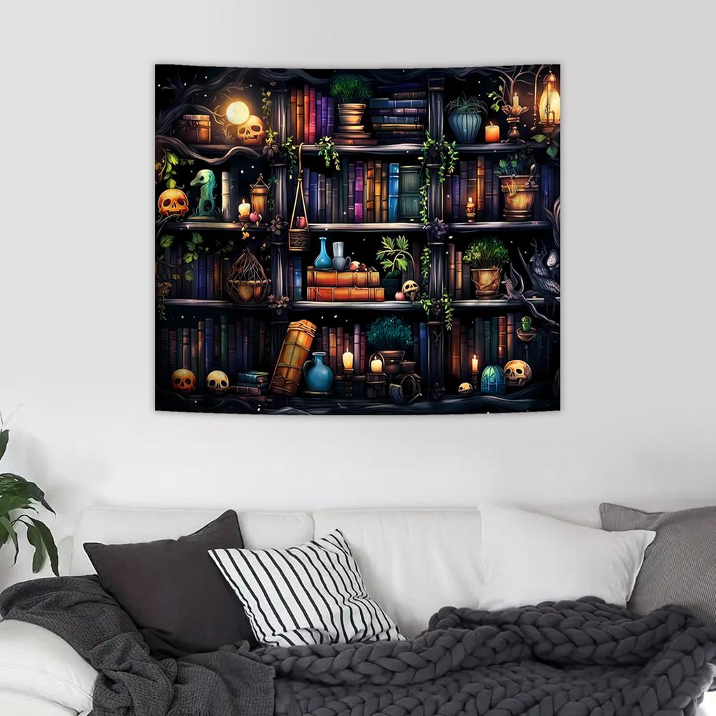 1pc Bookshelf tapestry, magical Gothic cowhead bone witch, retro plant mysterious education bookshelf tapestry