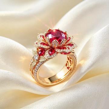 Small Exquisite Flower Charm Luxury Female Red Zircon Stone New Fashion Ring Vintage Gold Color Wedding Jewelry For Cute Women