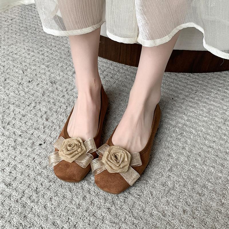 Fashion Flat Single Shoes Women Fashion Square Head Shallow Mouth Fabric Flower Soft Sole Anti-slip Wear-resistant Low-top Shoes