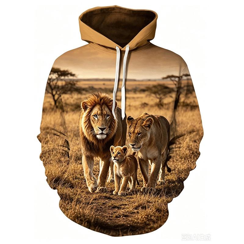 Casual Long Sleeve Hoodie for Men Featuring a 3D Design of a Sacred Lion And a Young Lion, Complete with a Pocket. Spring and Autumn