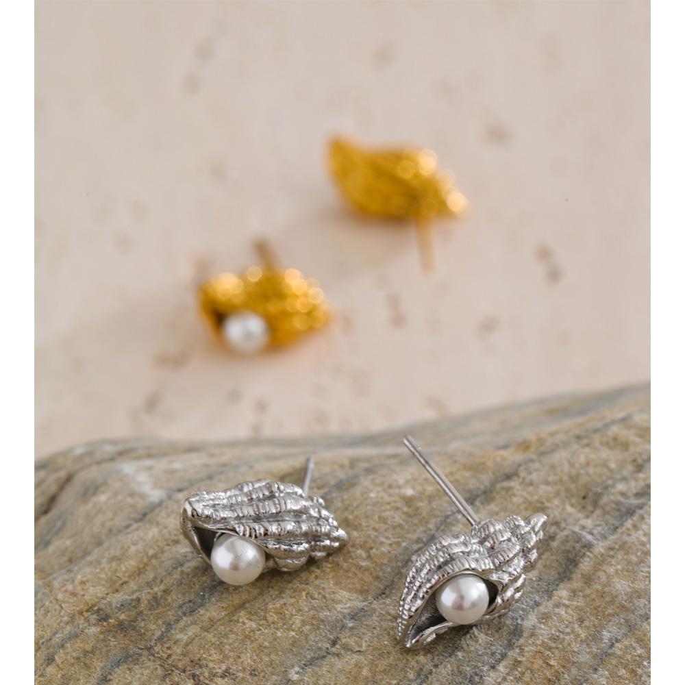 Yhpup Ocean Style Stainless Steel Pearls Conch Small Stud Earrings for Women Waterproof Trendy Chic Daily Jewelry Wholesale