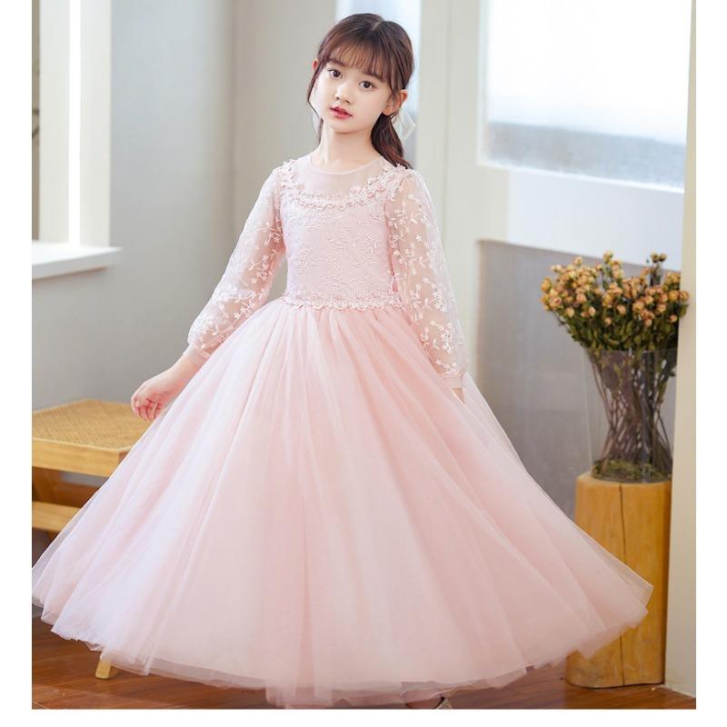 Kids Girls Long Sleeve Embroidered Tulle Puffy Formal Party Dress