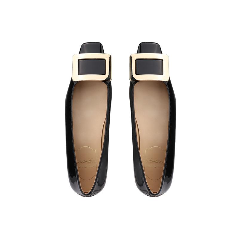 Upgraded cowhide version~ Square buckle single shoes femininity square head thick heel patent leather commuting flats women