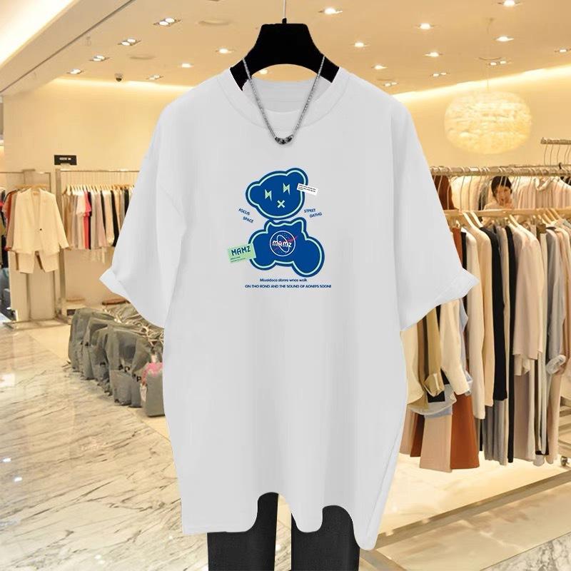 

Белый хлопковый медведь в футболке с коротким рукавом для женской коллекции весна-лето 2025, новый свободный топ большого размера для ношения под низ S белый