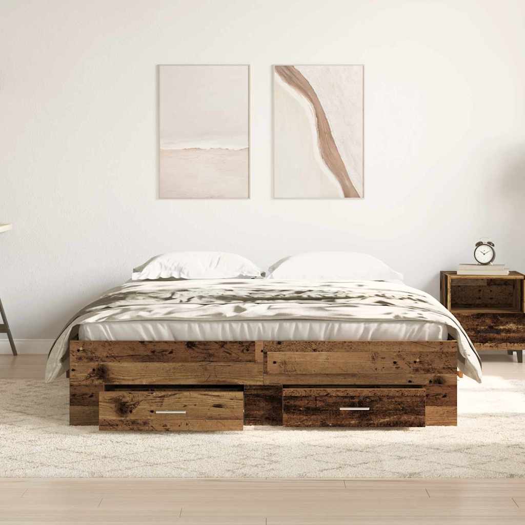 Bed Frame with Drawers Reclaimed Wood Look 140 X 190 Cm Engineered Wood