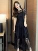Black Hollow Mesh Lace Short-Sleeve Dress – Retro & Alluring French Style, Slimming Waist-Cinching Design for the Mature Woman.