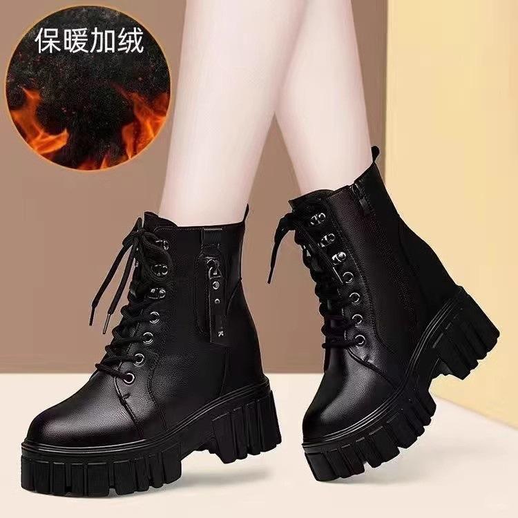 Lace-up Soft Leather Martin Boots Autumn and Winter New Single Boots Heightening British Boots Thick-soled Velvet Short Boots
