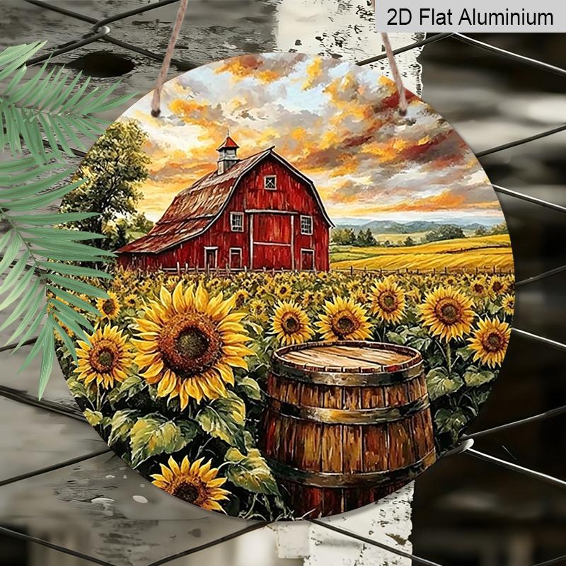 2D Flat, 1pc Classic Metal Aluminum Sign, Featuring Red Barn And Sunflowers In A Field, Round Wall Art for Front Door, Porch, Yard, Patio, Garden