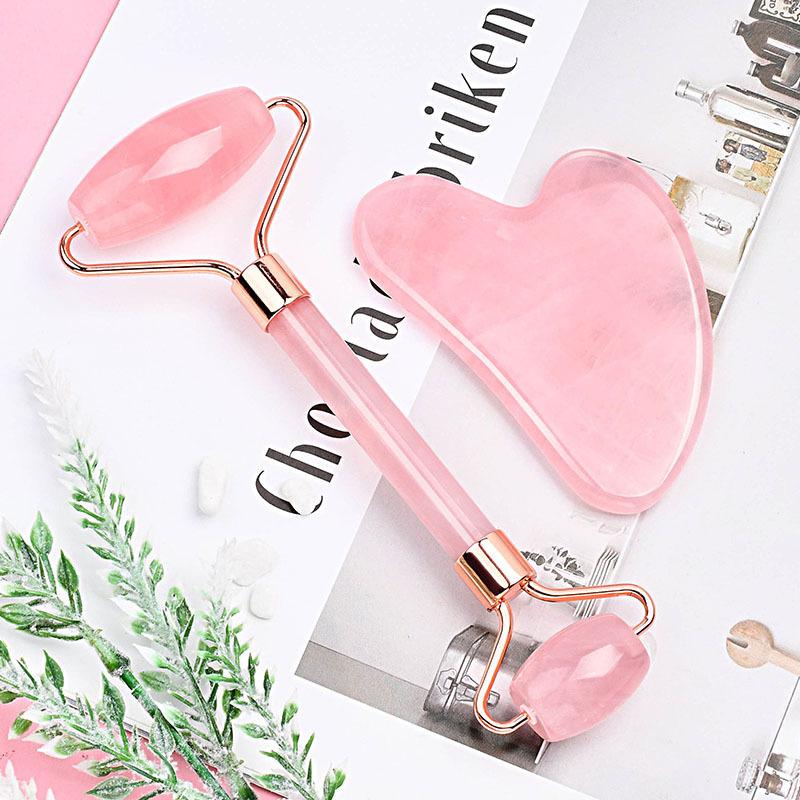 Натуральний рожевий кварц Jade Roller Gua Sha Set Facial Body Massager Roller Jade Stone Massage Set Face Lifting Beauty Massage Tools