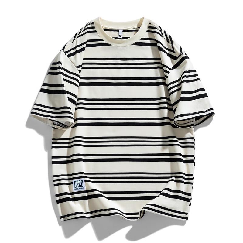 JIAOXIU Men s Classic Stripe Loose Fit Round Neck T-Shirt M