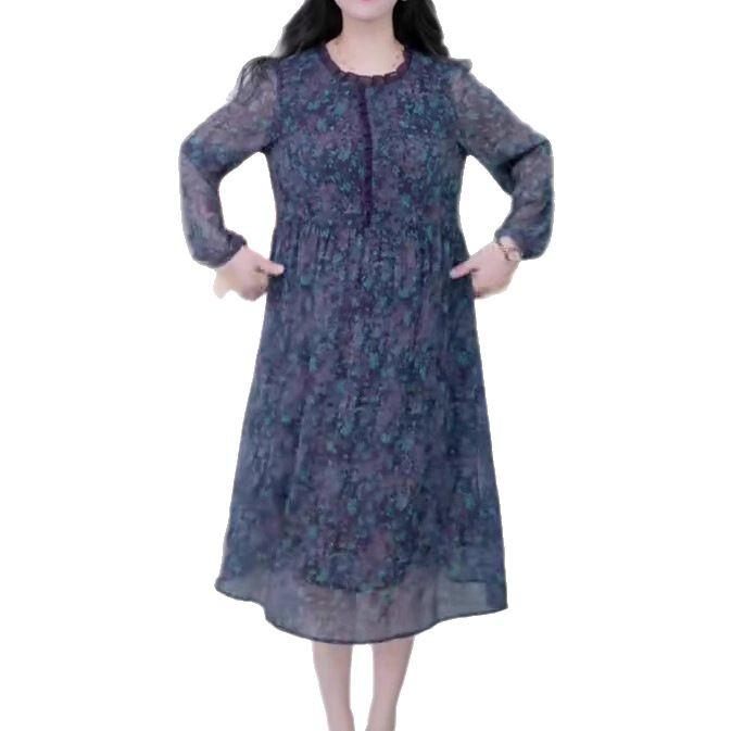 Spring Floral Long Sleeve Chiffon Dress for Middle-Aged Mothers
