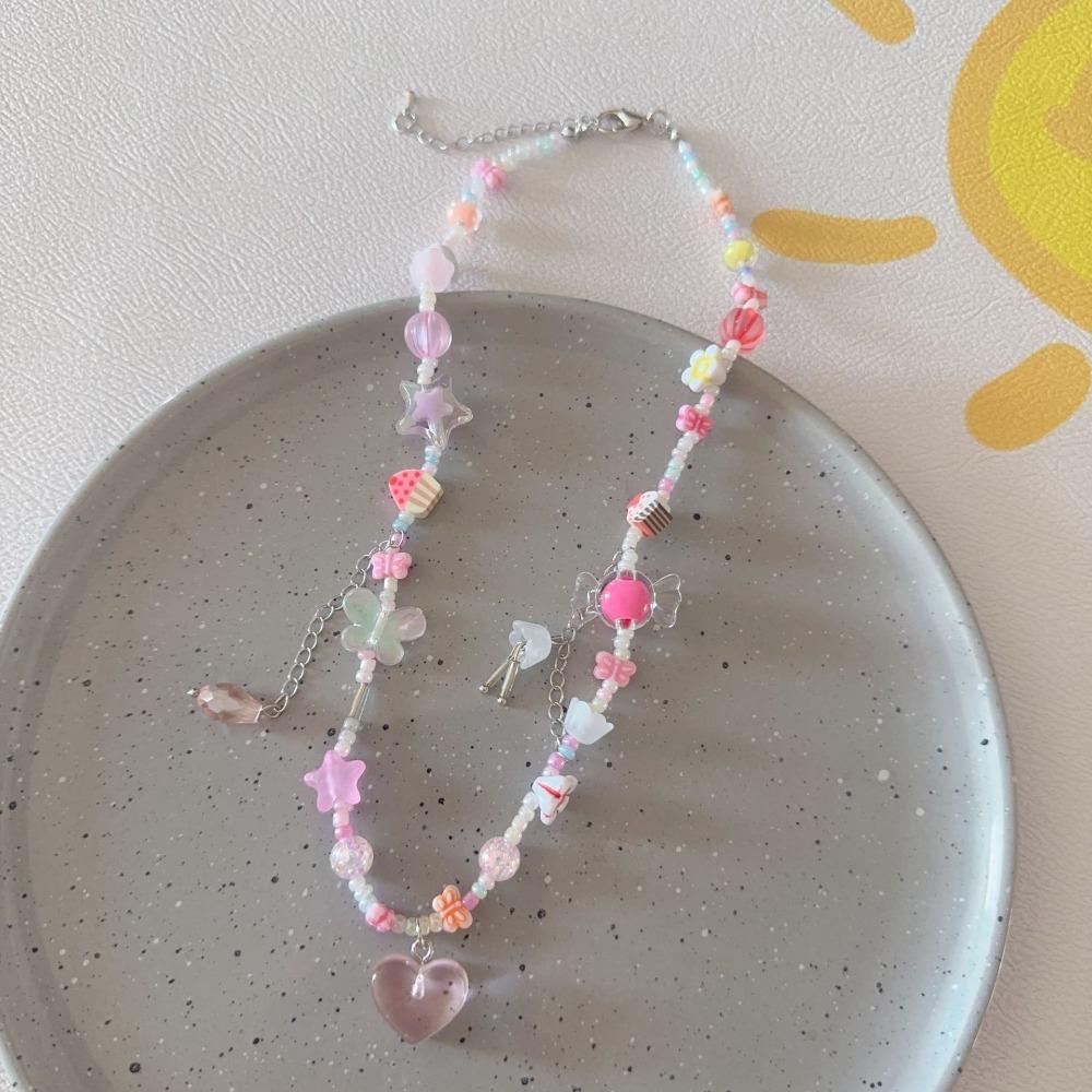 Summer Fashion Dopamine Candy Color Flowers Bow Tie Heart Star Pendant String Beads Necklace for Women Cute Collar Chain Jewelry