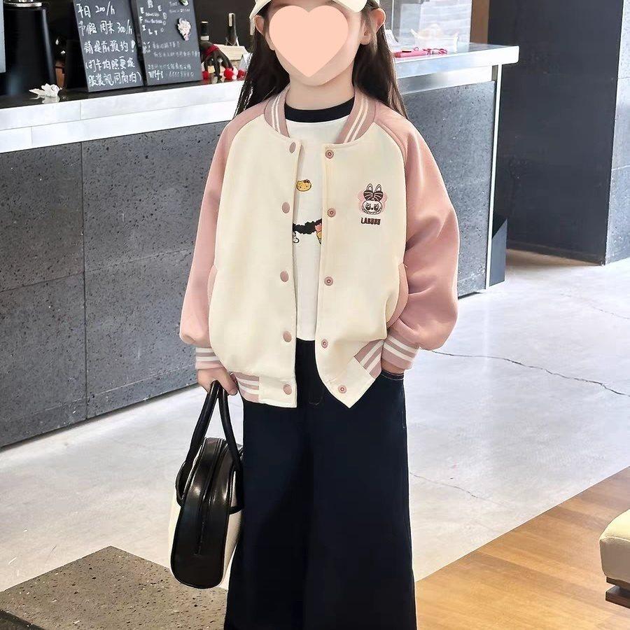 Girls Fleece Lined Thick Baseball Jacket Cute Cartoon Loose Fit for Autumn Winter