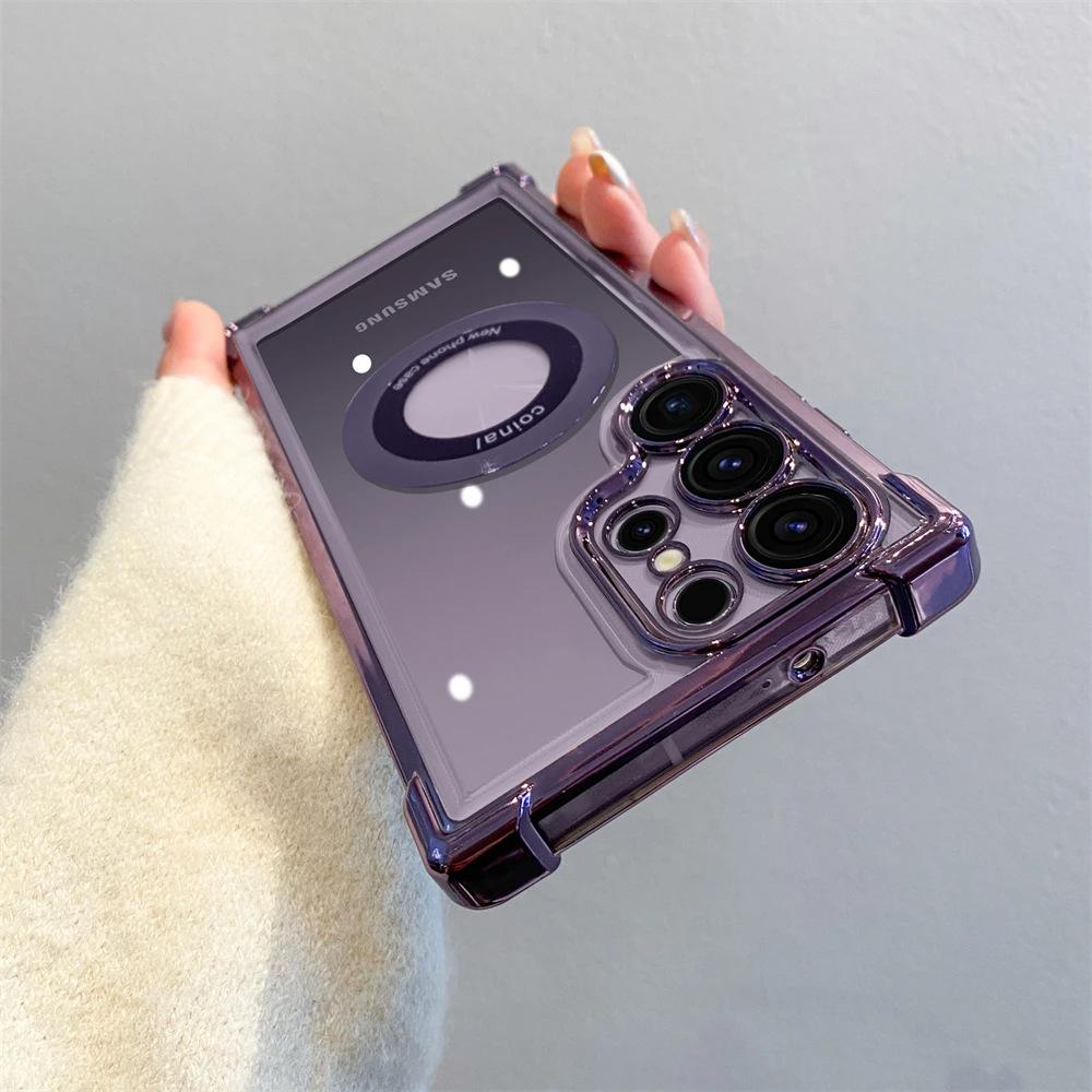 Suitable for Samsung S25 Ultra Mobile Phone Case Magnetic Absorption A55 Airbag Electroplating Transparent S24 Magnifying Glass S22 Protective Case