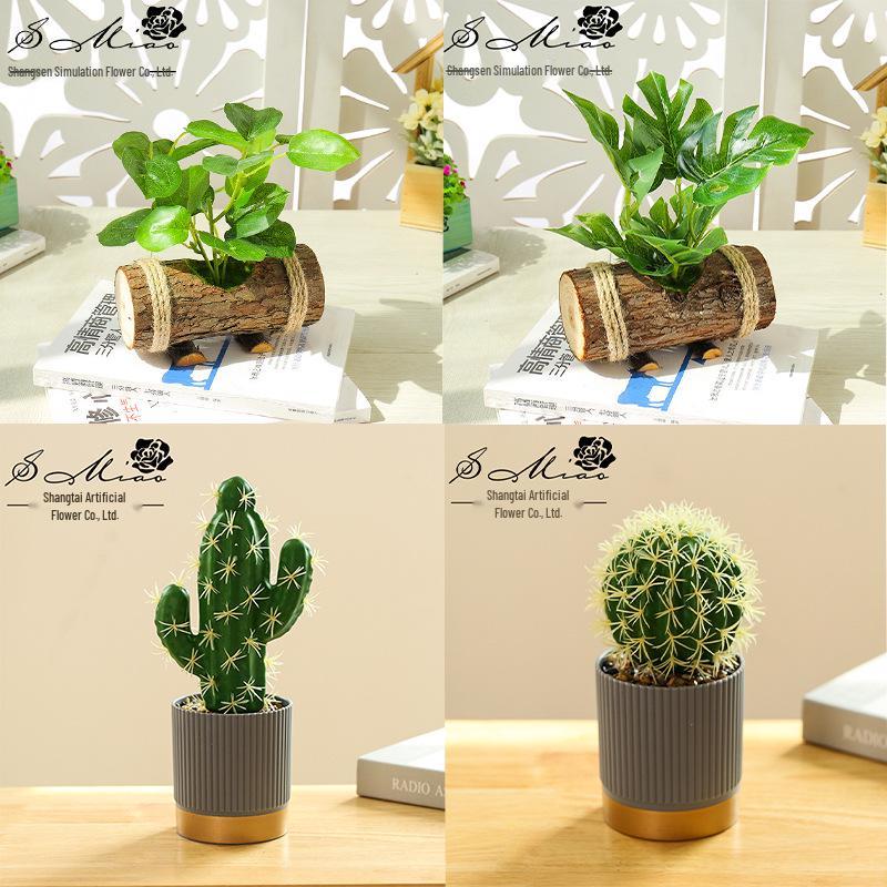 Creative Wooden Basin with Artificial Green Plant Bonsai Ornament for Display and Decoration.