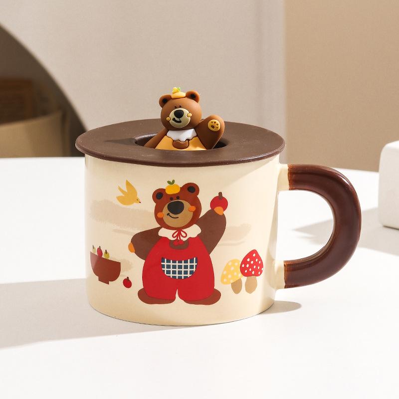 Fufu Cartoon Mug Cute Bear with Cover Couple Home Water Cup Ceramic Office Gift Box