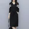 V-Neck Black Slimming Knee-Length Dress - Spring/Autumn Loose Fit, Medium Length, Korean Style