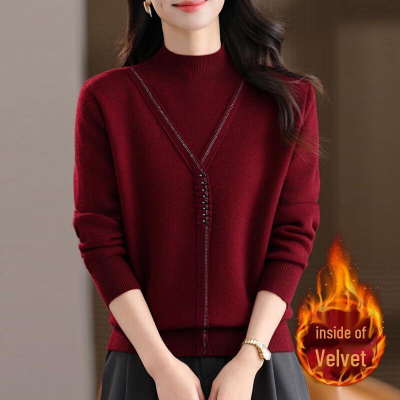 XUEXI Women s Faux Two-Piece High-Neck Plush Sweater L