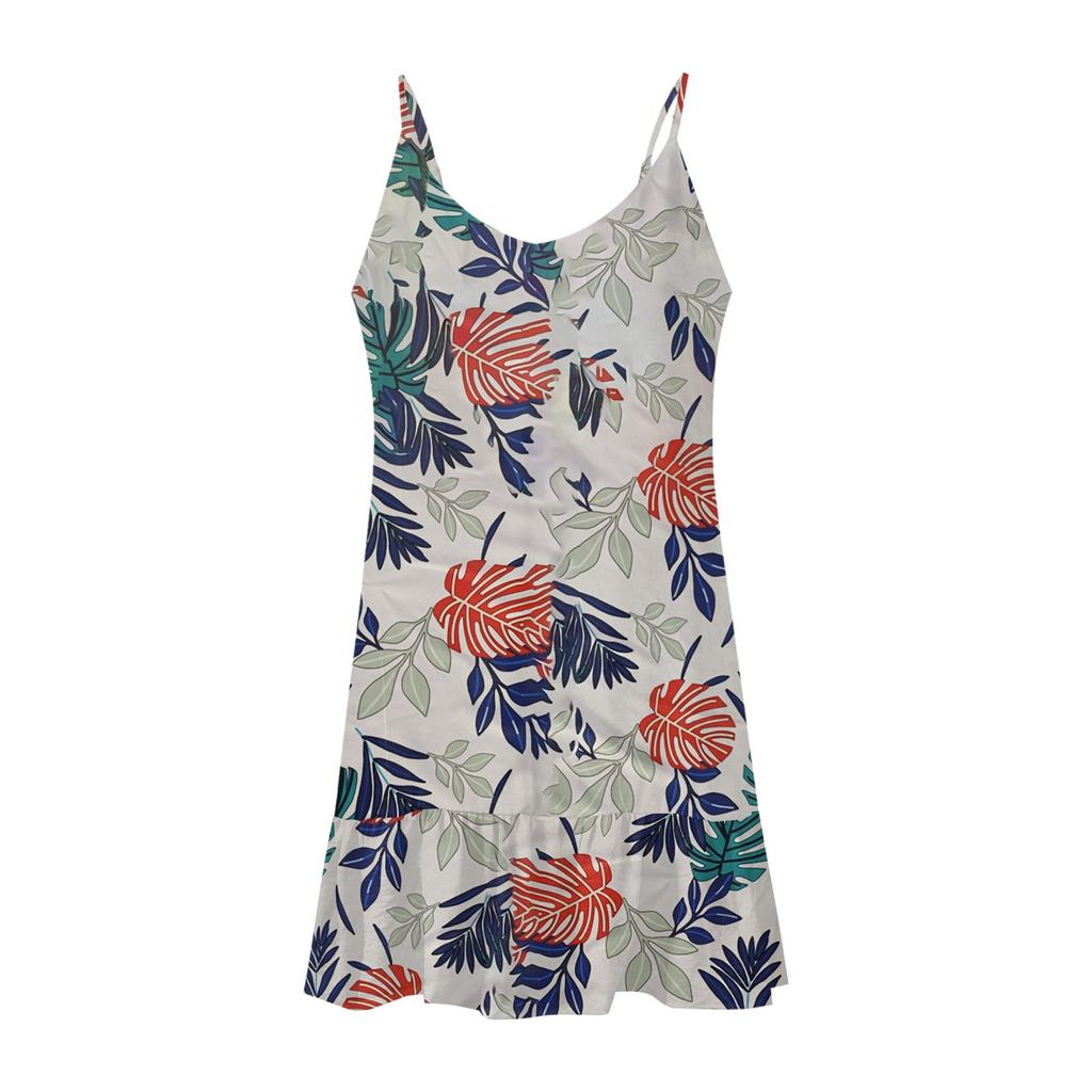 Women's Fashion Casual Print V Neck Strappy Beach Dress (Adjustable Straps)