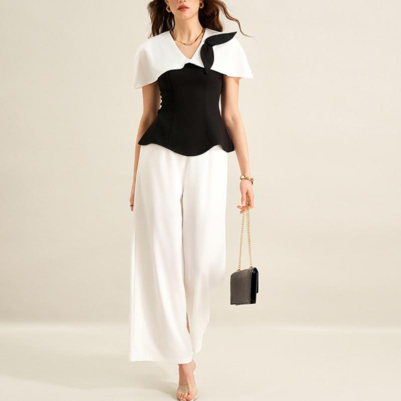 

Women s Black and White Color Block Suit, European and American Style Long Shirt Two-Piece Summer Set XL білий