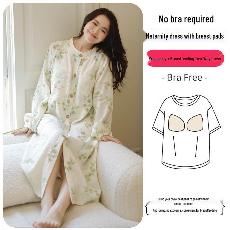 Pure Cotton Maternity Dress with Breast Pads - Lightweight Spring/Summer Postpartum Breastfeeding Robe