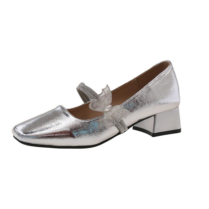 Fashion Square Toe Shallow Mouth Mary Jane Shoes Women's Autumn New Crystal Butterfly Block Heel Kitten Heel Temperament Single Shoes