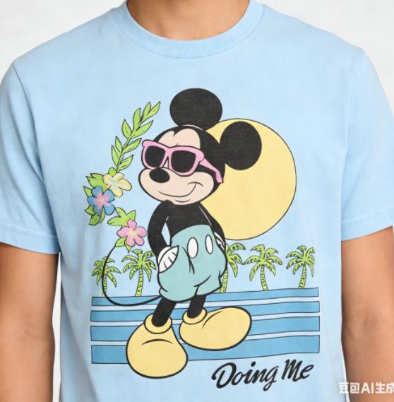 The 2026 Summer New Poster Vacation Mickey Patterned Tshirt Is A Loose Casual Tshirt for Adults and Children with An Oneck
