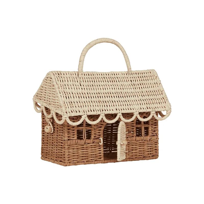 

Funny House Rattan Bag Wicker Woven Handbag Straw Knitted Box Bags for Women Handmade Travel Beach Bags Square Basket Bag 24.5x15x18.5cm