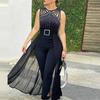 Black Sleeveless Rhinestone Mesh Jumpsuit with Waist Design